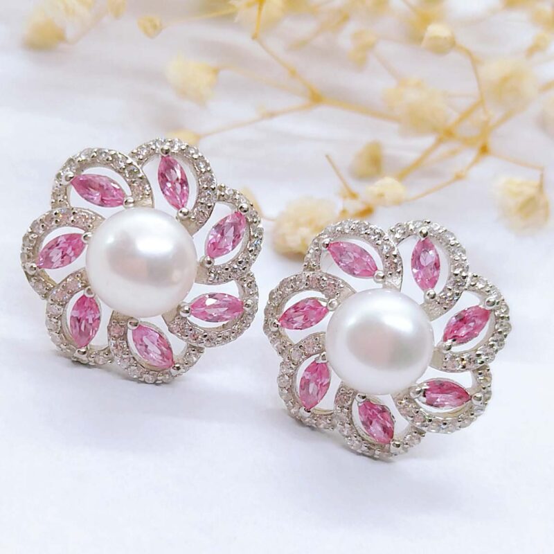 Lab Pink Sapphire Natural Freshwater Pearl Stud Earrings For Women