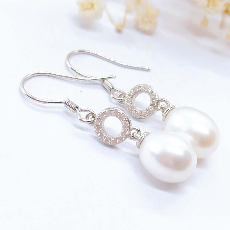 Real S925 Sterling Silver Natural Freshwater Pearl Zircon Circle Earrings Hook