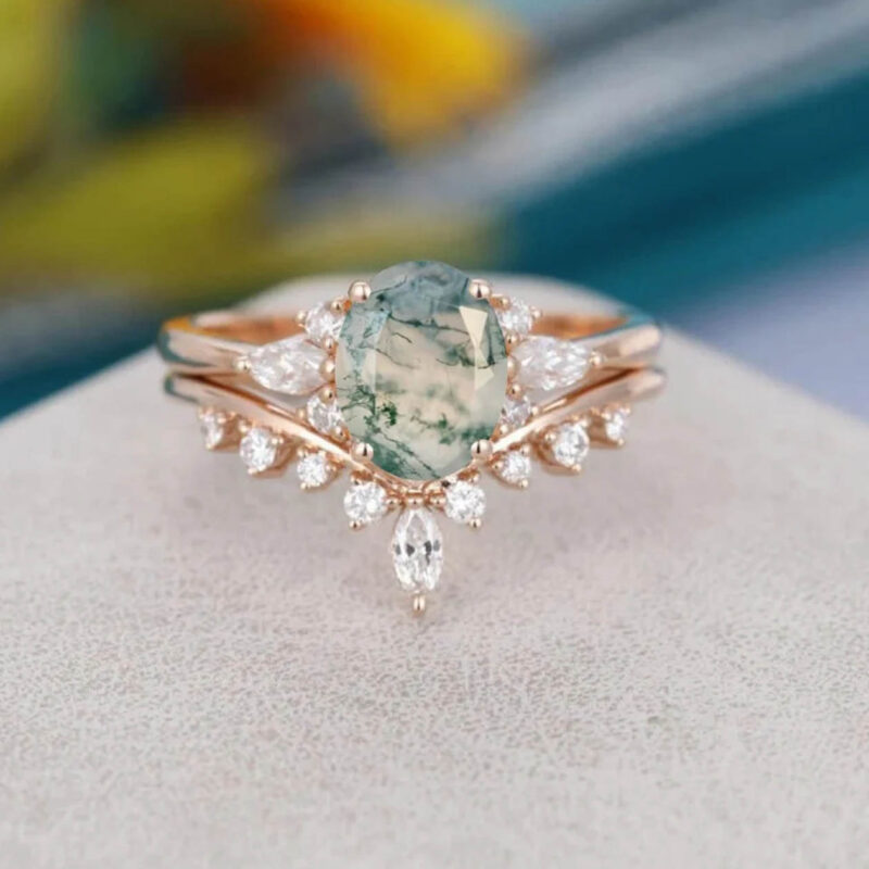925 Sterling Silver 10K 14K 18K Gold Natural Moss Agate Wedding Ring Set