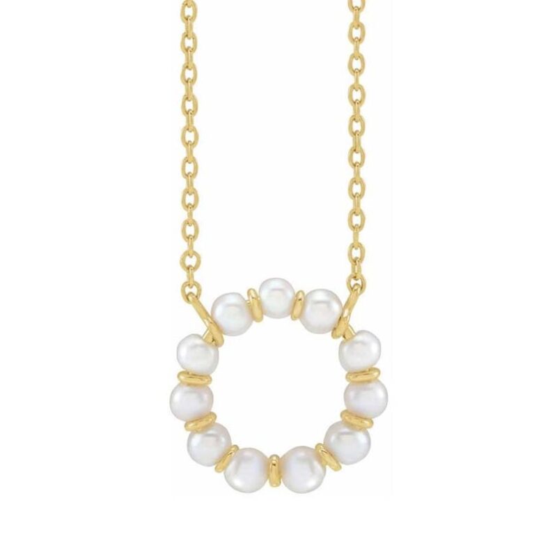 14K Yellow Cultured White Freshwater Pearl Circle Pendant 18" Necklace