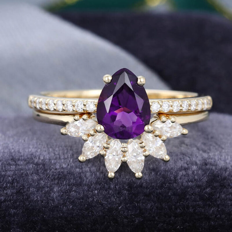Customize 14k Yellow Gold Purple Amethyst Wedding Bridal Rings 2 pcs