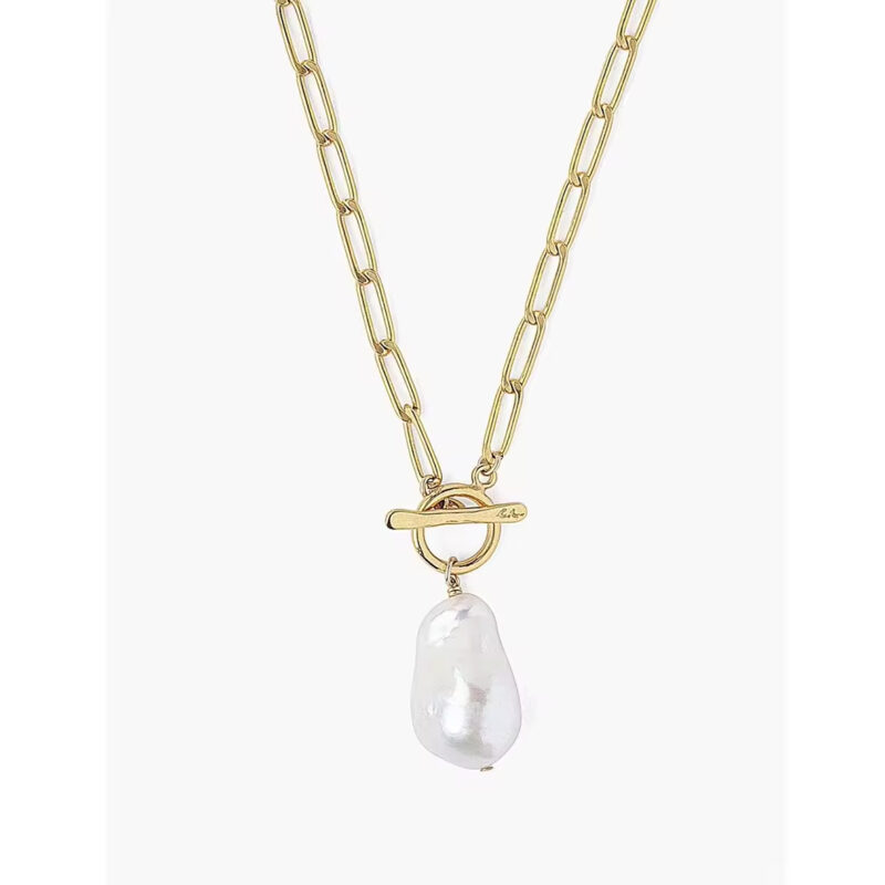 9K/10K/14K/18K Solid Gold Necklace White Baroque Pearl Gold Toggle Necklace Natural Freshwater Pearl Women Necklace