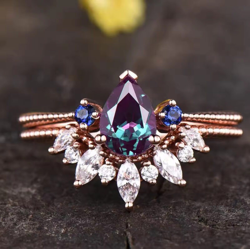 14K Rose Gold 925 Sterling Silver Band Jewelry Synthetic Lab Created Alexandrite Ring Set for Women