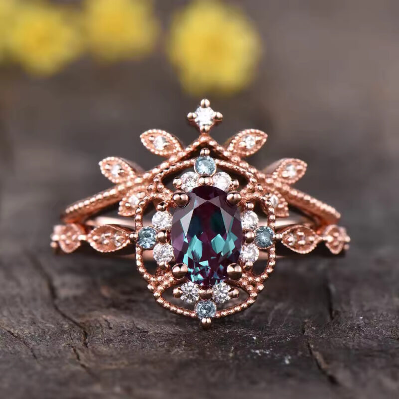 925 Sterling Silver Jewelry Alexandrite Ring Set Rose Gold Plating Alexandrite Wedding Ring No reviews yet