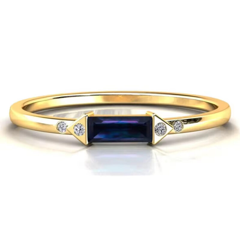 14K Yellow Gold Natural Dainty Band Alexandrite 3 Stone Round Diamond CZ Dainty Stackable Minimalist Jewelry