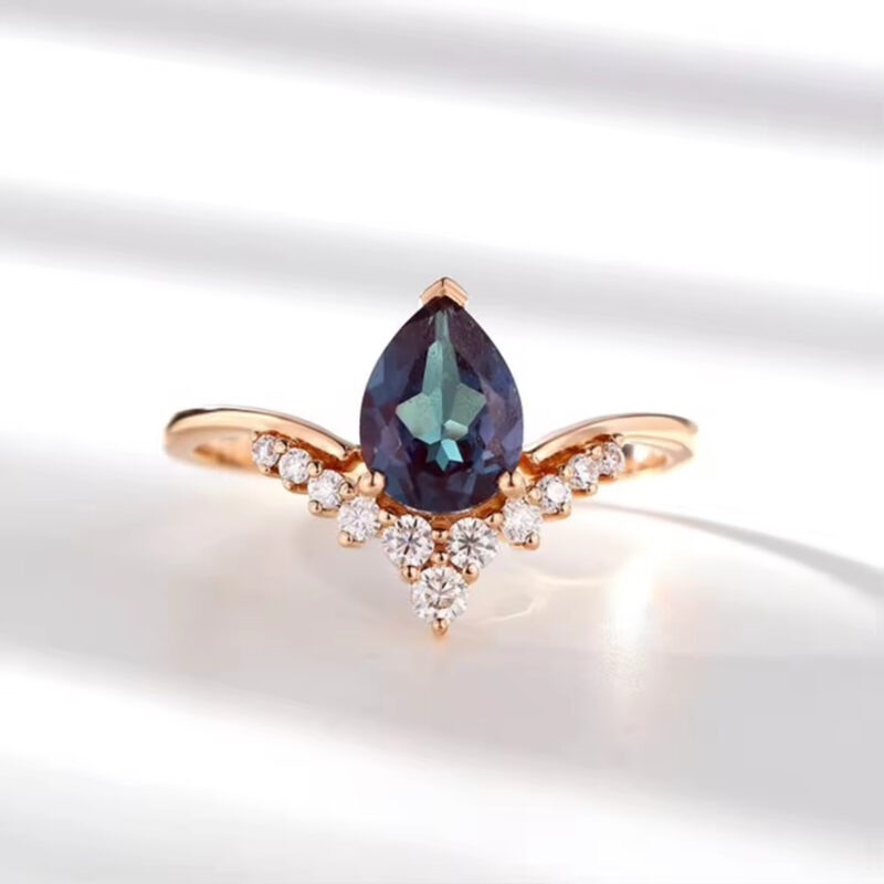 925 Sterling Silver CZ Dainty V Shape Rings Pear Cut Alexandrite Jewelry Ring