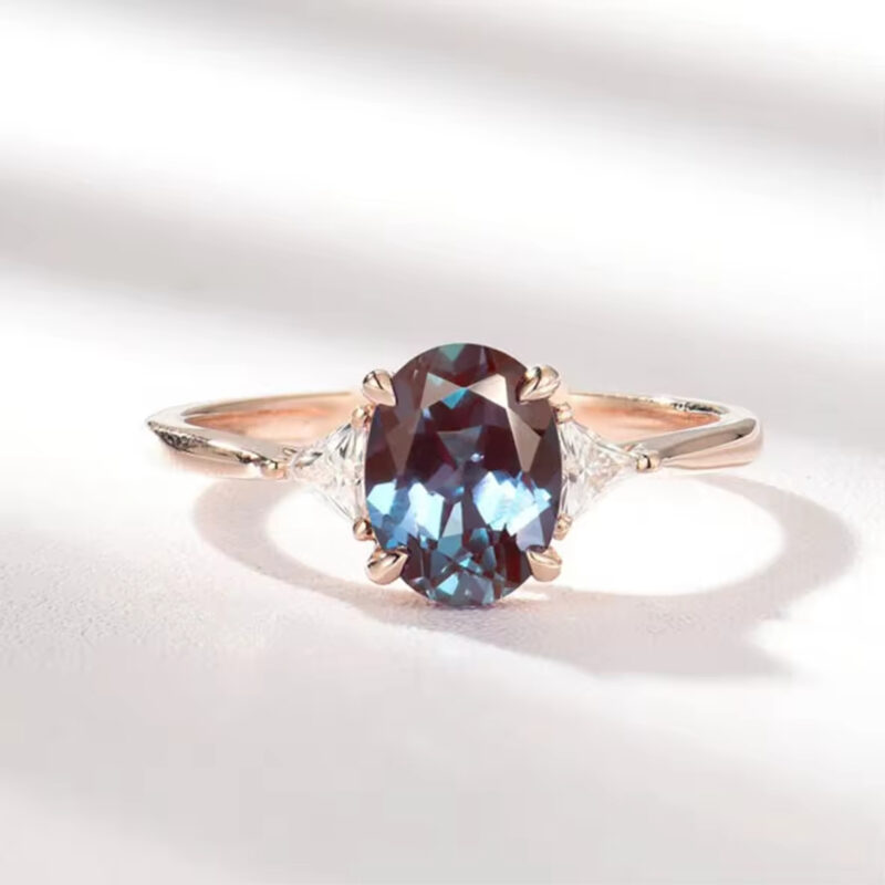 14K Rose Gold Plating 925 Sterling Silver Rings CZ Oval Alexandrite Jewelry Ring