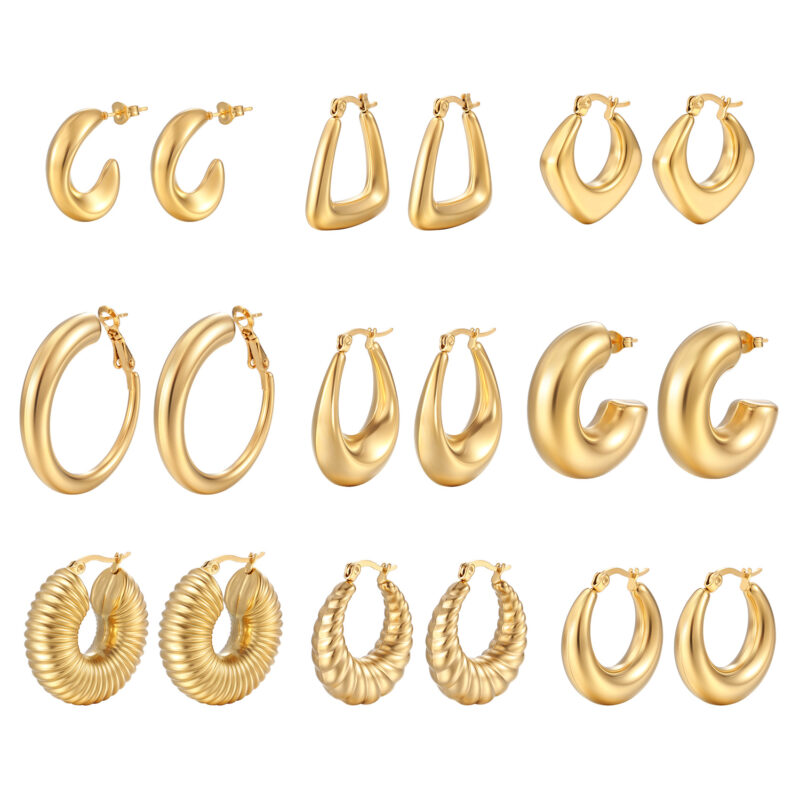 Customized Summer Statement Jewelry Chunky Stainless Steel 18K Gold Plated Minimalist Thick Hoop Earrings