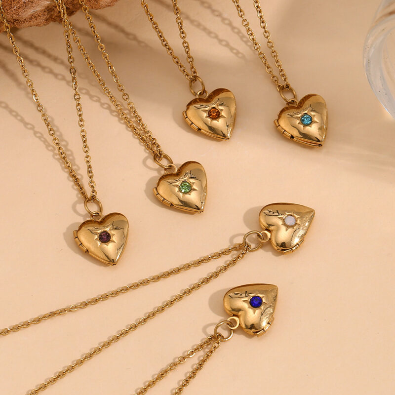 Wholesale Stainless Steel Birthstone Locket Jewelry Never-Fade 18k Gold Plated Heart Zircon Pendant Necklace for Women