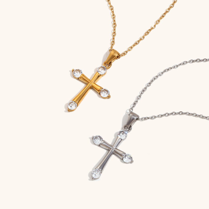 Customized Cross Necklace Non Tarnish 18K Gold Plated Stainless Steel Jewelry Unisex Cross Zircon Pendant Necklace