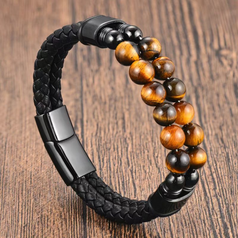 Leather Stainless Steel Mens Personalised Engraved Bracelet