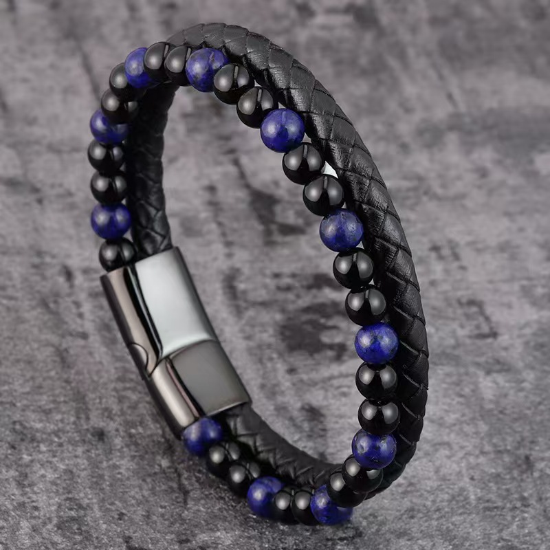 Buddha Stones Black Onyx Lazurite Lapis Lazuli Titanium Steel Positive Self Care Leather Bracelet