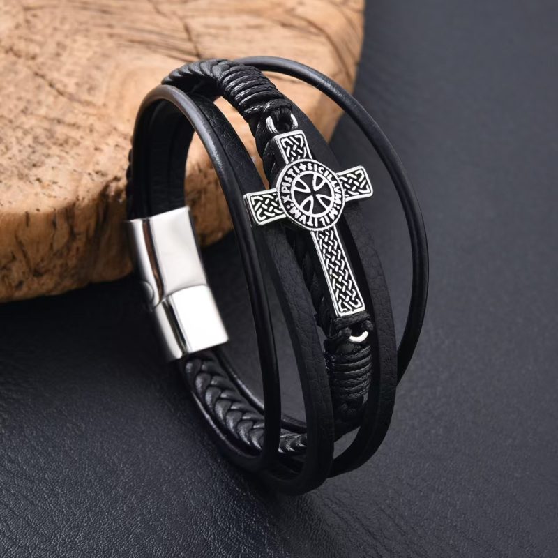 Wholesale Viking Cross Charm Men's S.Steel PU Leather Woven Bracelet