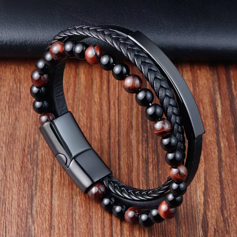 Buddha Stones Tiger Eye Stone Protection Leather Bracelet