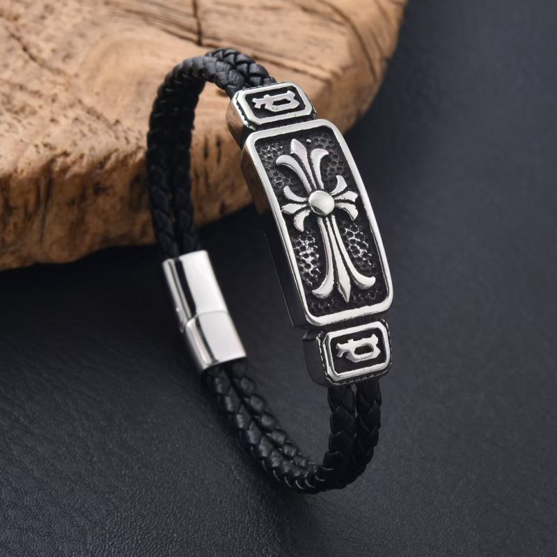 Black Braided Leather Stainless Steel Gothic Skull Bracelet
