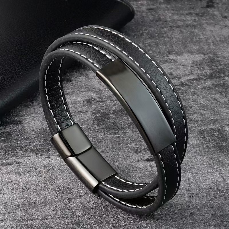 Leather Stainless Steel Men's Personalised Engraved Bracelet