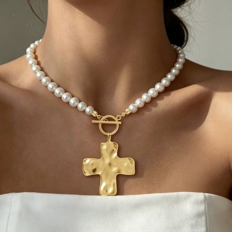 Natural Pearl Cross Necklace Stainless Steel Cross Pendant 18K Gold-Plating OT Clasp Gothic Design For Women