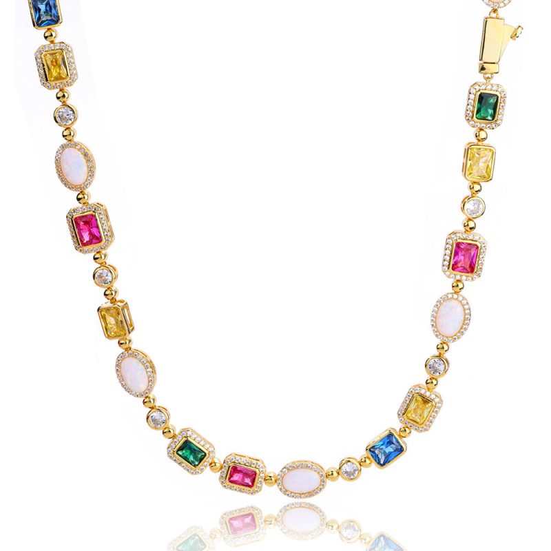 Hip Hop Mix Color Gemstone Chain Necklace Bracelet Set