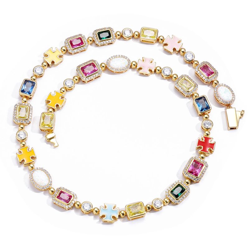Luxury Geometric Gemstone Choker Necklace 18K Gold Plated Multi-Color Opal Diamond Fine Jewelry